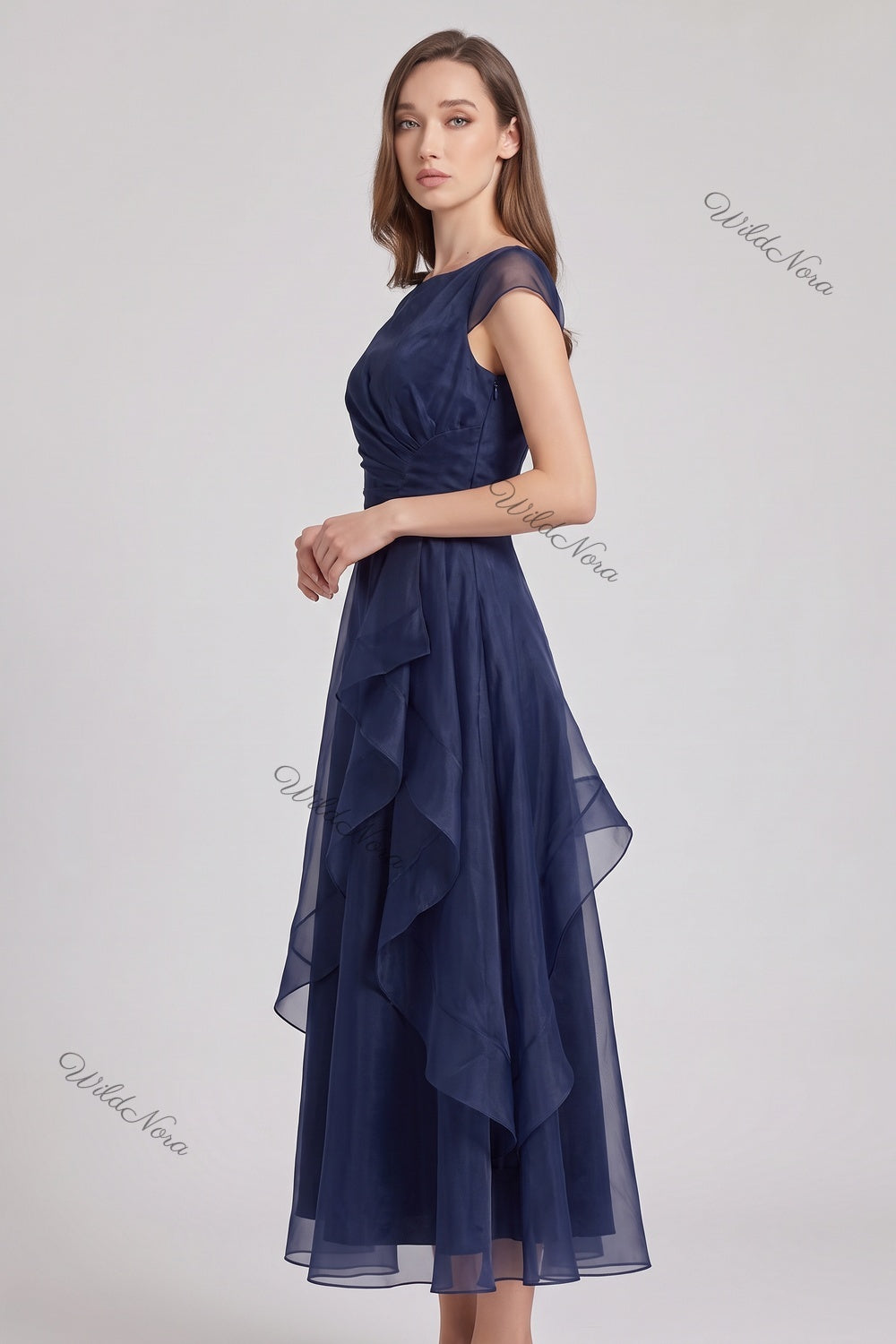 Navy Blue Organza A-line Midi Dress with Ruffle Skirt navy blue organza dress - product view 3