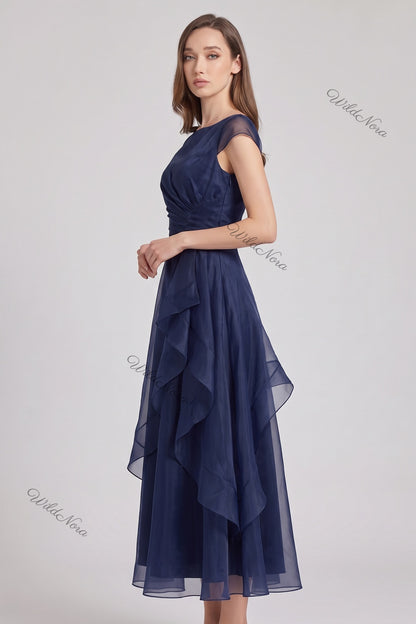 Navy Blue Organza A-line Midi Dress with Ruffle Skirt navy blue organza dress - product view 3