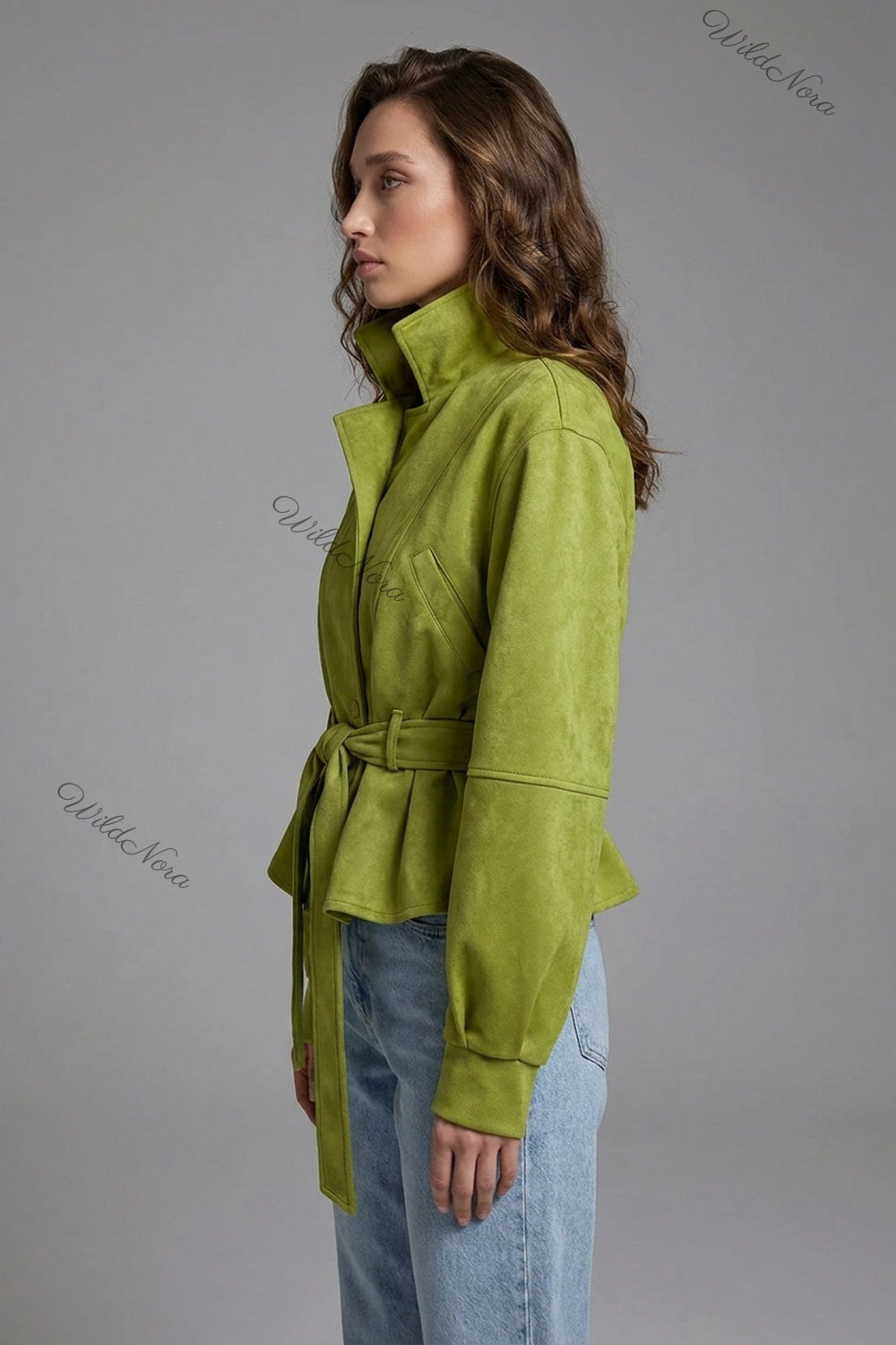 Lime Green Faux Suede Peplum Jacket with Balloon Sleeves lime green faux suede jacket - product view 5