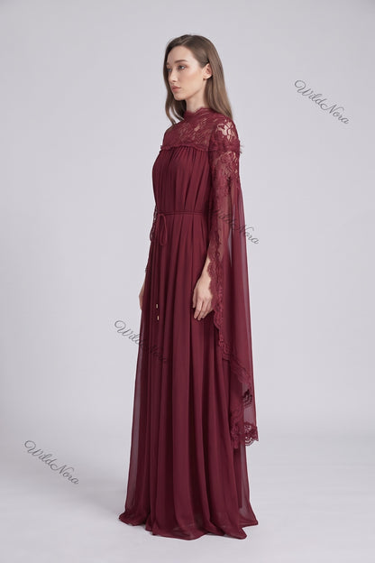 Burgundy Chiffon Cape Sleeve Maxi Dress with Floral Lace Yoke Burgundy Chiffon Maxi dress with cape overlay - product view 5