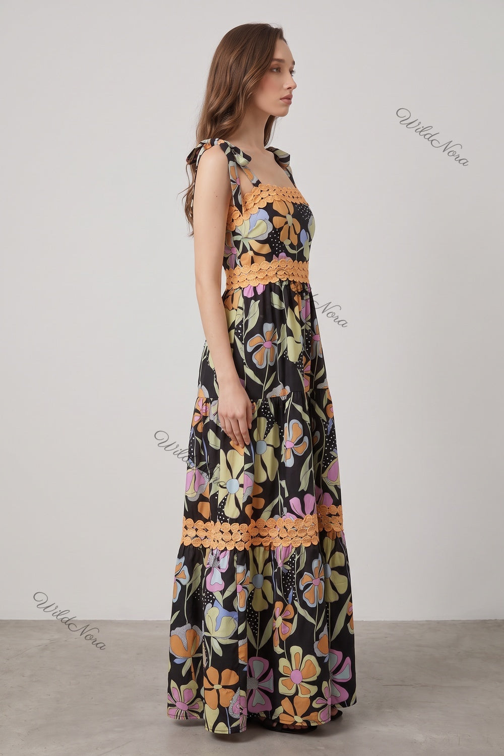 Black Abstract Floral Tiered A-Line Maxi Dress black woven cotton blend maxi dress - product view 5