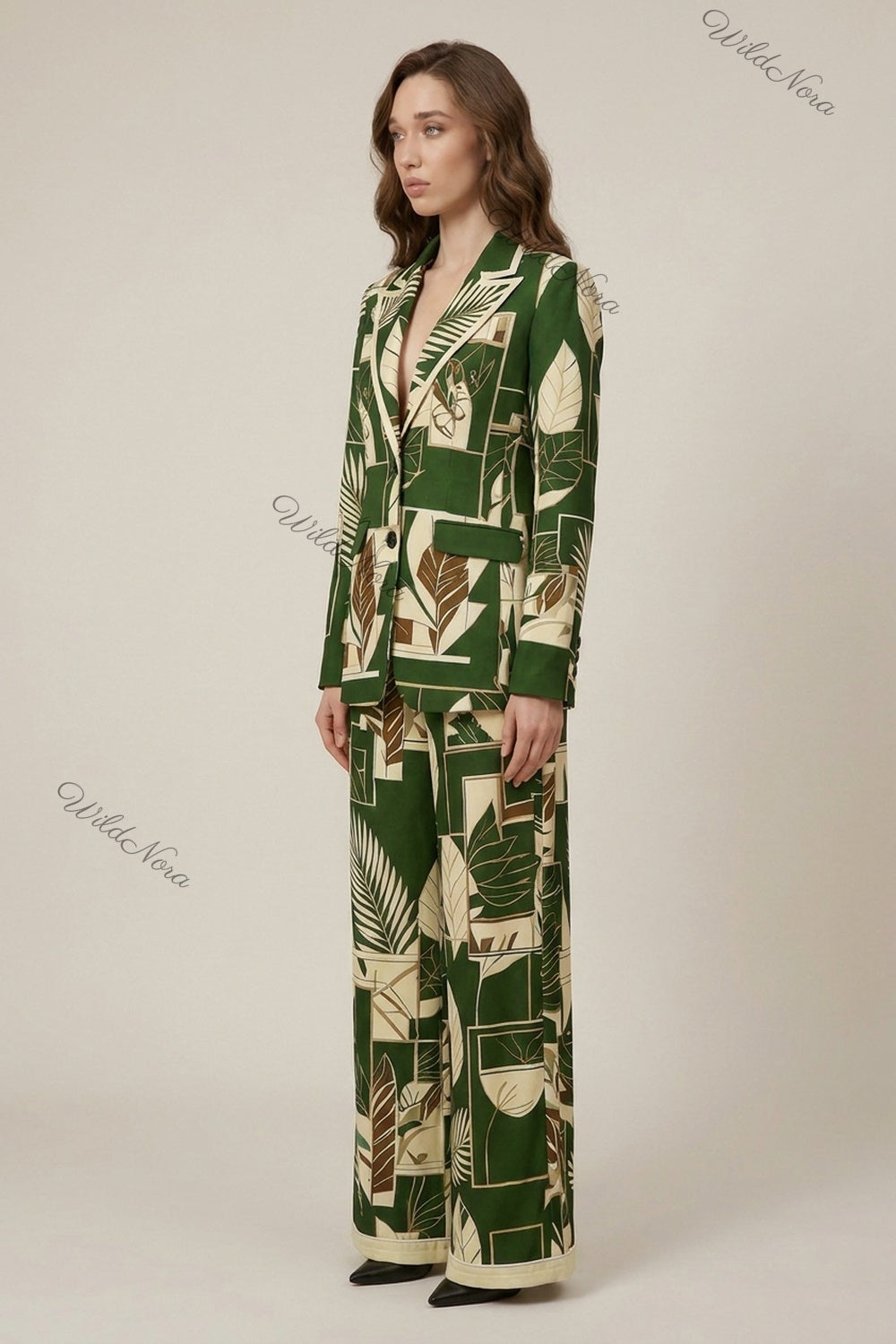 Dark Green Tropical Geometric Two-Piece Pant Suit dark green Woven synthetic crepe Two-piece pant suit - product view 5