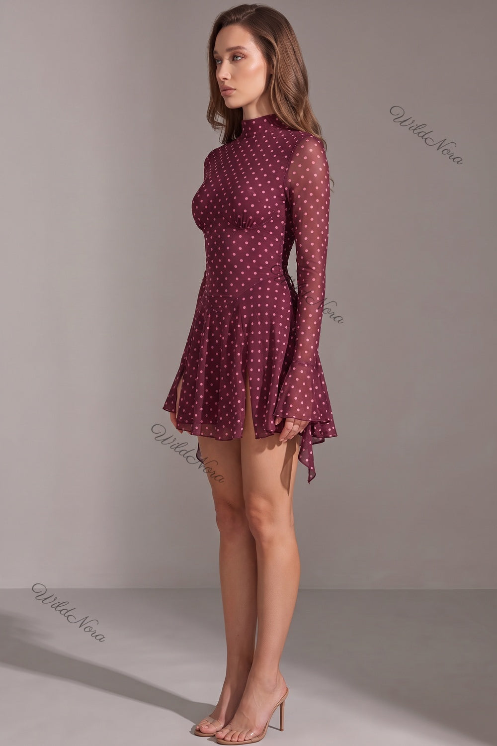 Burgundy Polka Dot Chiffon Fit-and-Flare Mini Dress burgundy sheer chiffon dress - product view 5