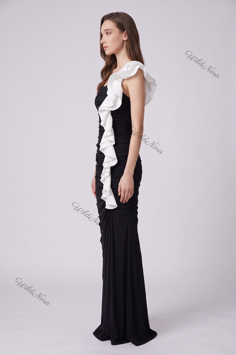 Black Synthetic Stretch Jersey Column Evening Gown with White Ruffle Trim black synthetic stretch jersey evening gown - product view 5