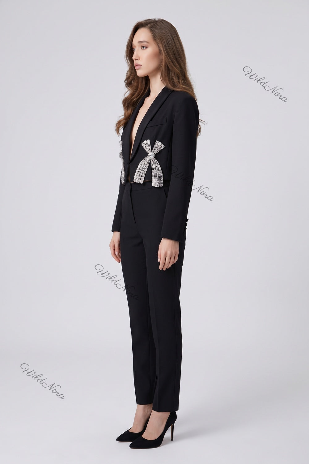 Black Woven Structured Cropped Blazer with Rhinestone Bow Embellishments black woven suiting fabric cropped blazer - product view 5