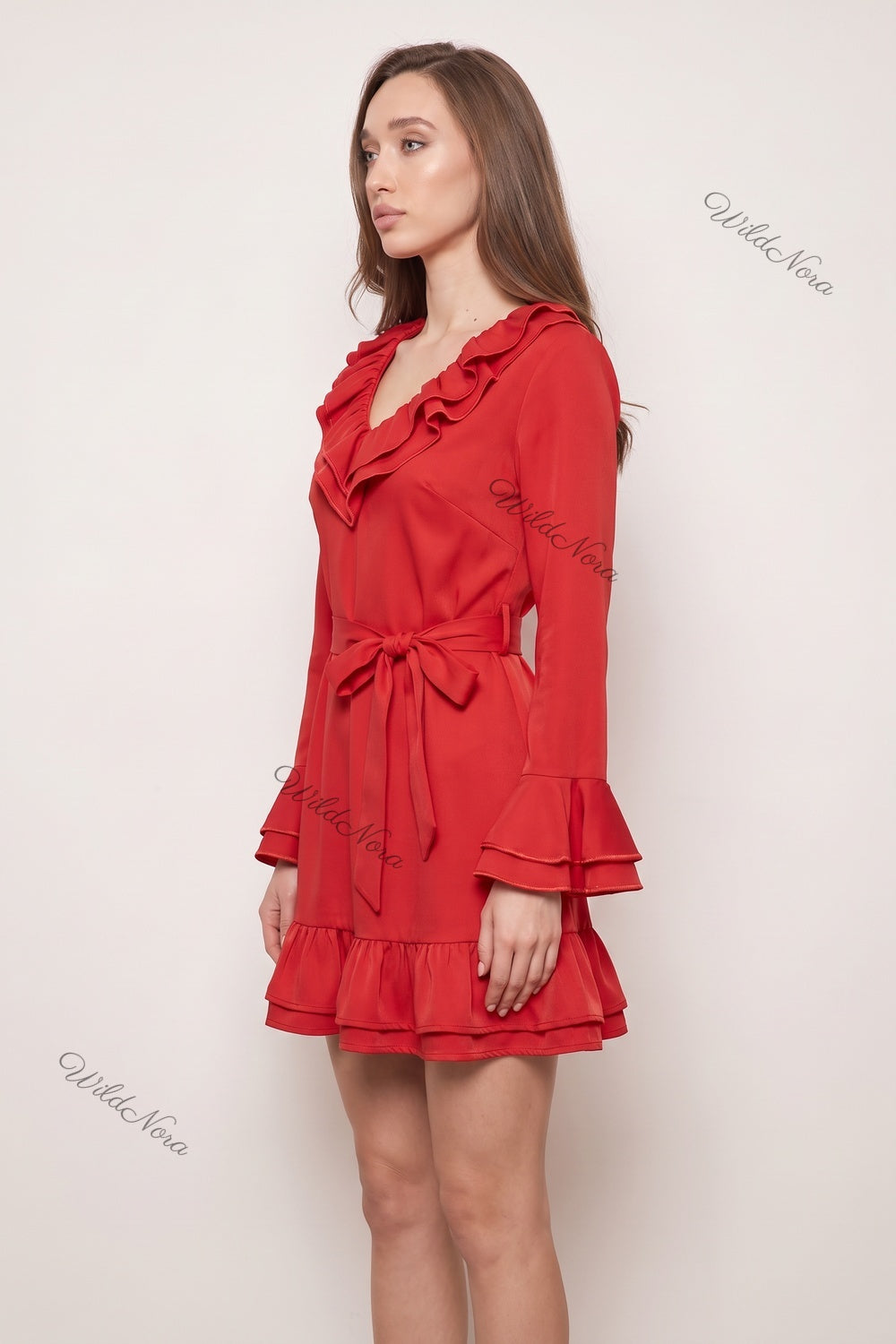 Red Double-Ruffle Fit-and-Flare Mini Dress red smooth woven polyester blend dress - product view 5