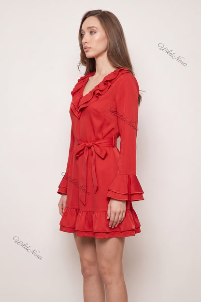 Red Double-Ruffle Fit-and-Flare Mini Dress red smooth woven polyester blend dress - product view 5