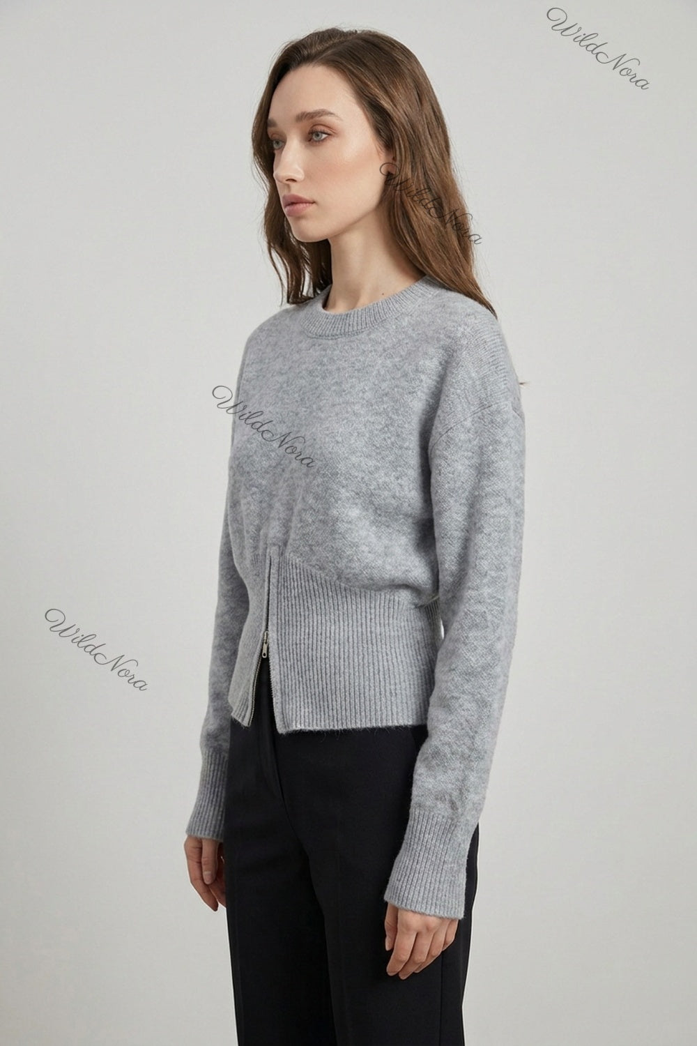Heather Grey Knit Wool Blend Relaxed Sweater with Fitted Waist heather grey knit wool blend sweater - product view 5