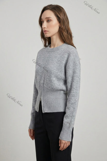 Heather Grey Knit Wool Blend Relaxed Sweater with Fitted Waist heather grey knit wool blend sweater - product view 5