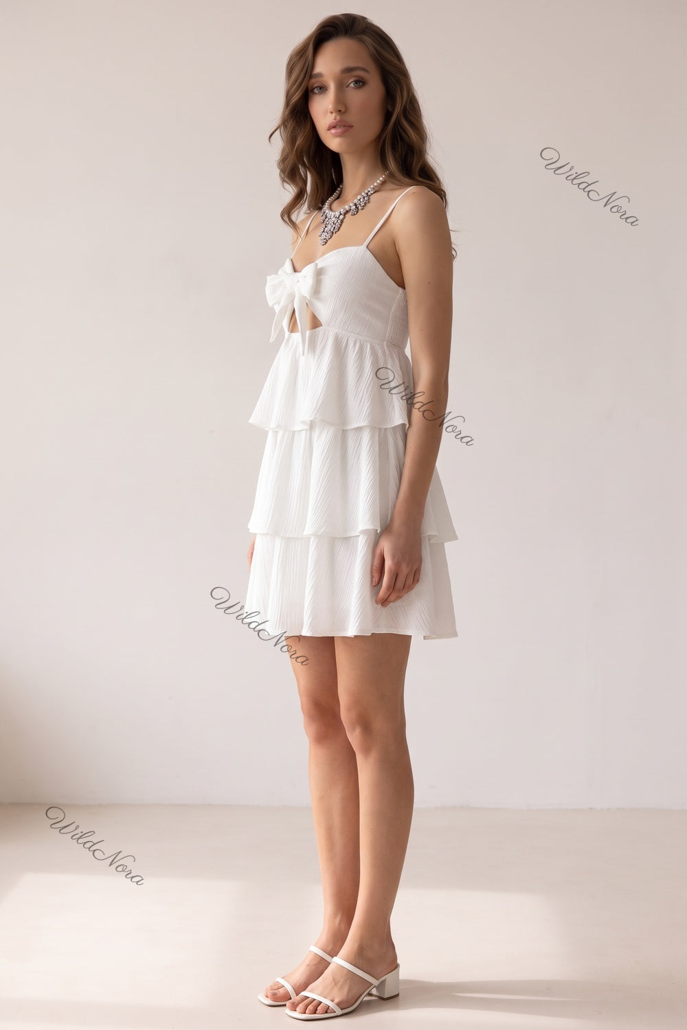 White Crinkle Cotton Gauze Fit-and-Flare Tiered Mini Dress white crinkle cotton gauze tiered mini dress - product view 5