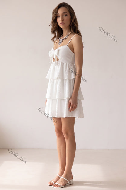 White Crinkle Cotton Gauze Fit-and-Flare Tiered Mini Dress white crinkle cotton gauze tiered mini dress - product view 5