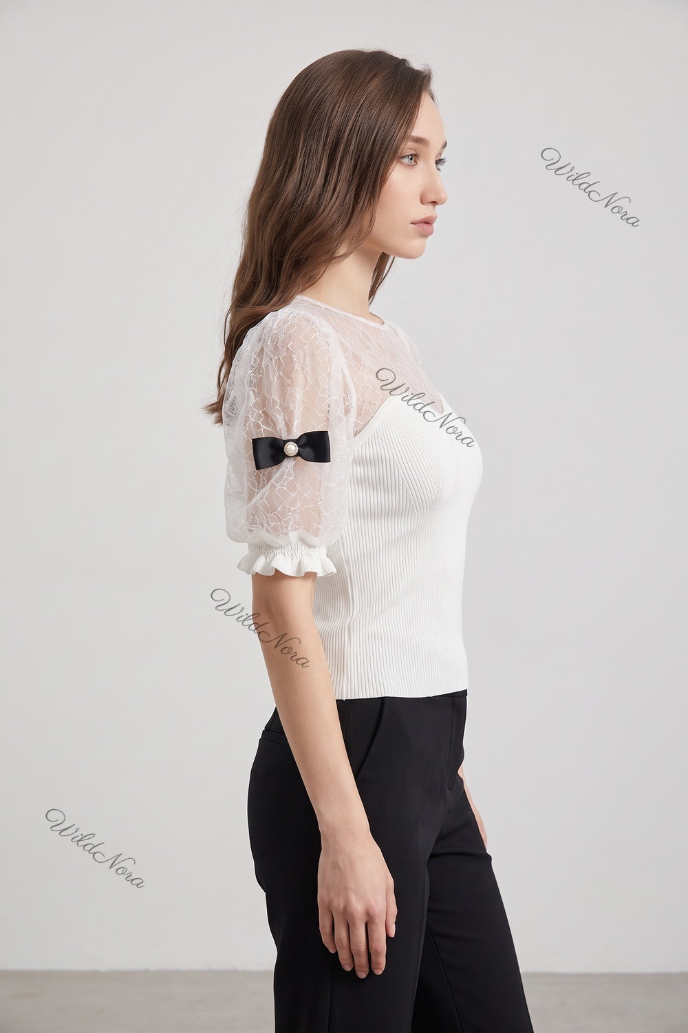 White Ribbed Knit and Lace Puff Sleeve Top with Pearl Bow Details white ribbed knit top - product view 5