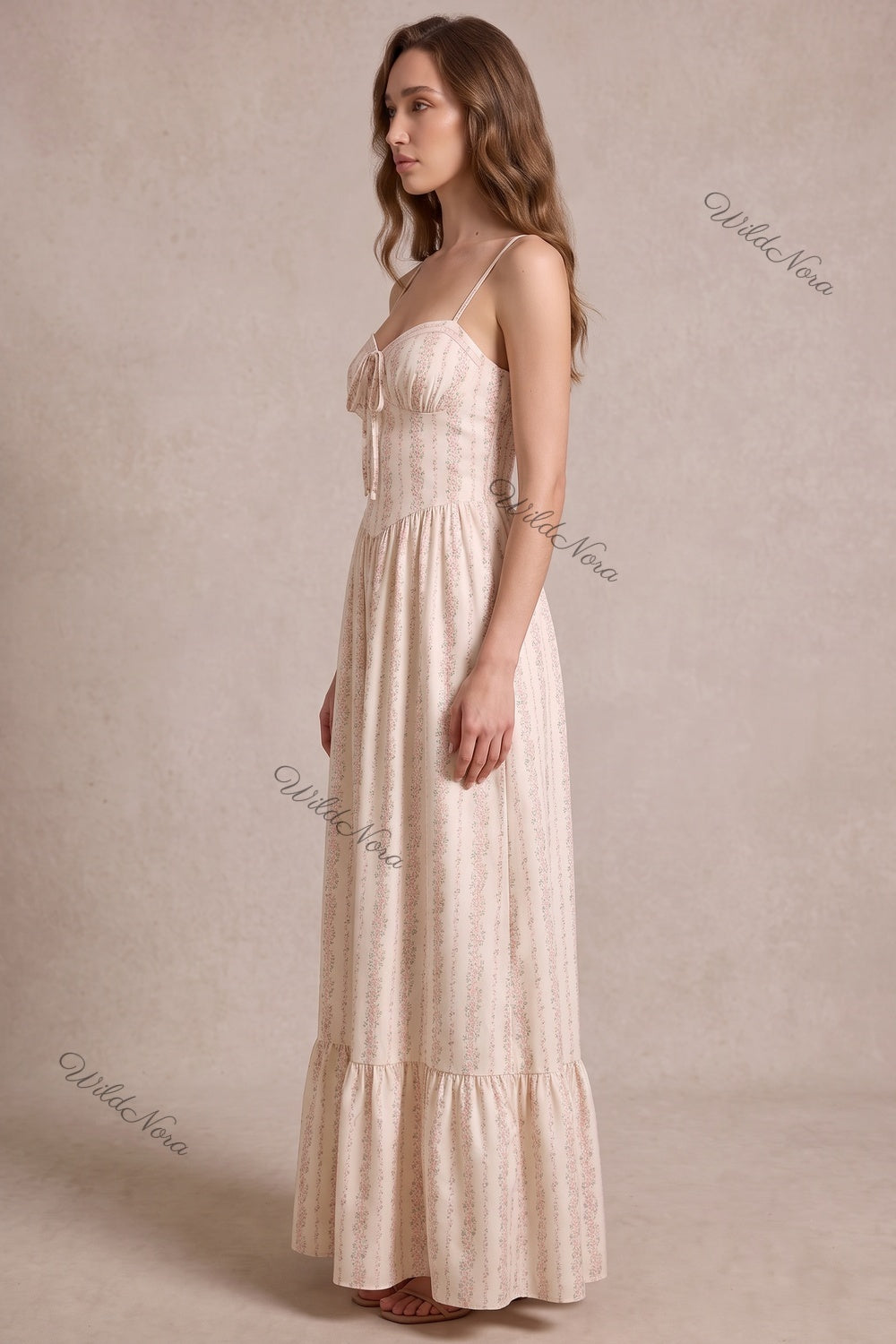 Cream Ditsy Floral Maxi Dress with Smocked Bodice cream, off-white lightweight woven cotton-blend maxi dress - product view 5