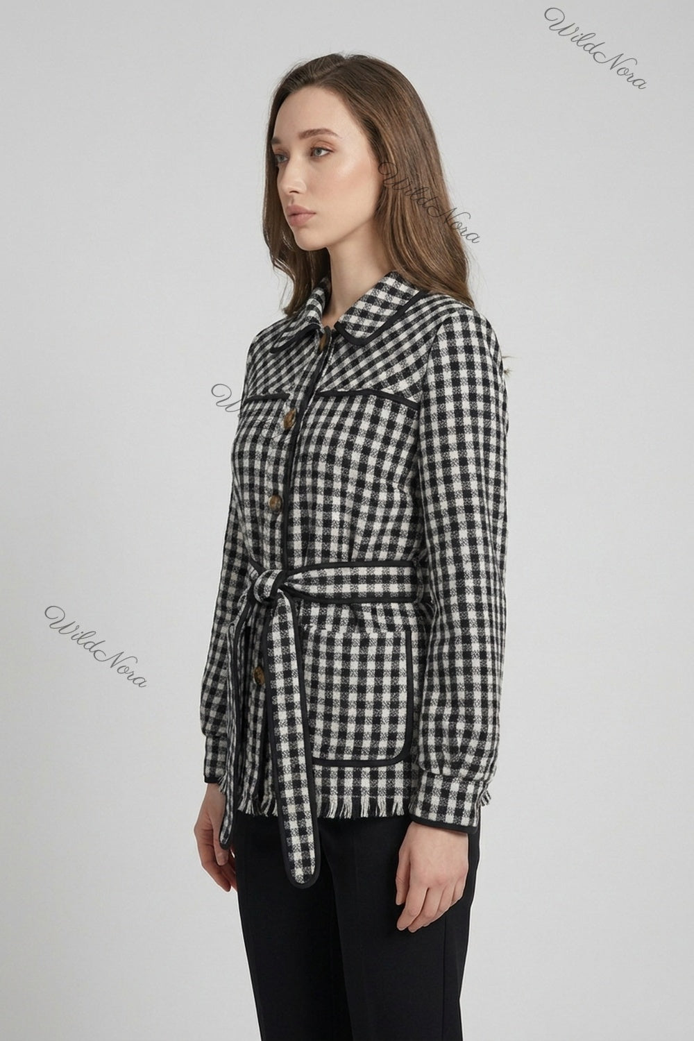 Black & White Gingham Belted Jacket black, white woven wool-blend or flannel belted jacket - product view 5
