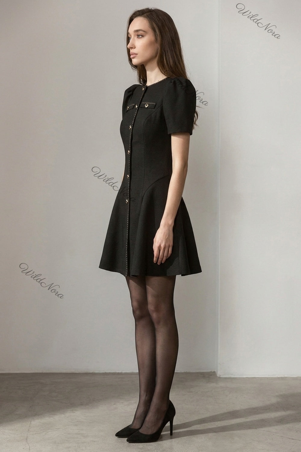 Black Textured Woven Crepe Fit-and-Flare Mini Dress black textured woven crepe dress - product view 5