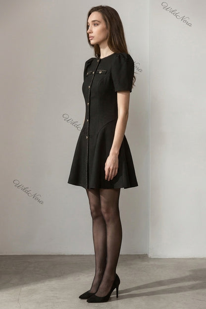 Black Textured Woven Crepe Fit-and-Flare Mini Dress black textured woven crepe dress - product view 5