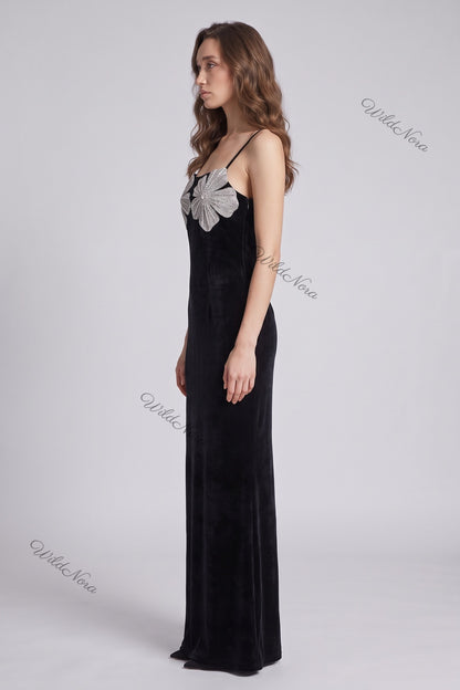 Black Velvet Column Dress with Silver Rhinestone Flower Embellishments black velvet dress - product view 5