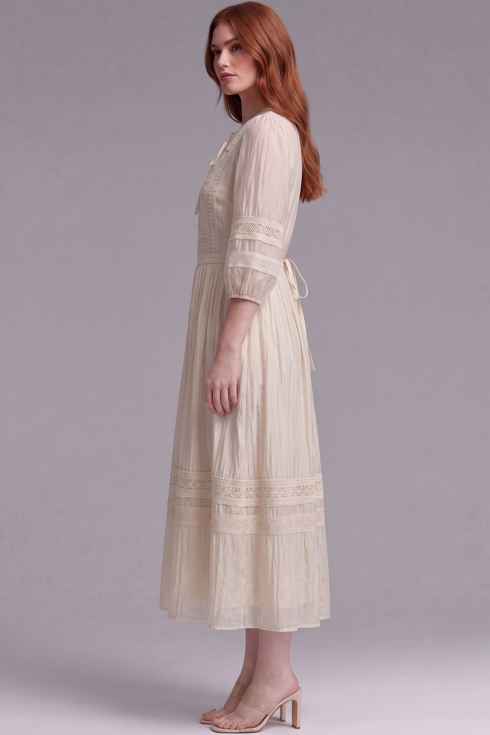 Cream A-Line Midi Dress with Lace Inserts cream, light beige lightweight semi-sheer woven dress - product view 5