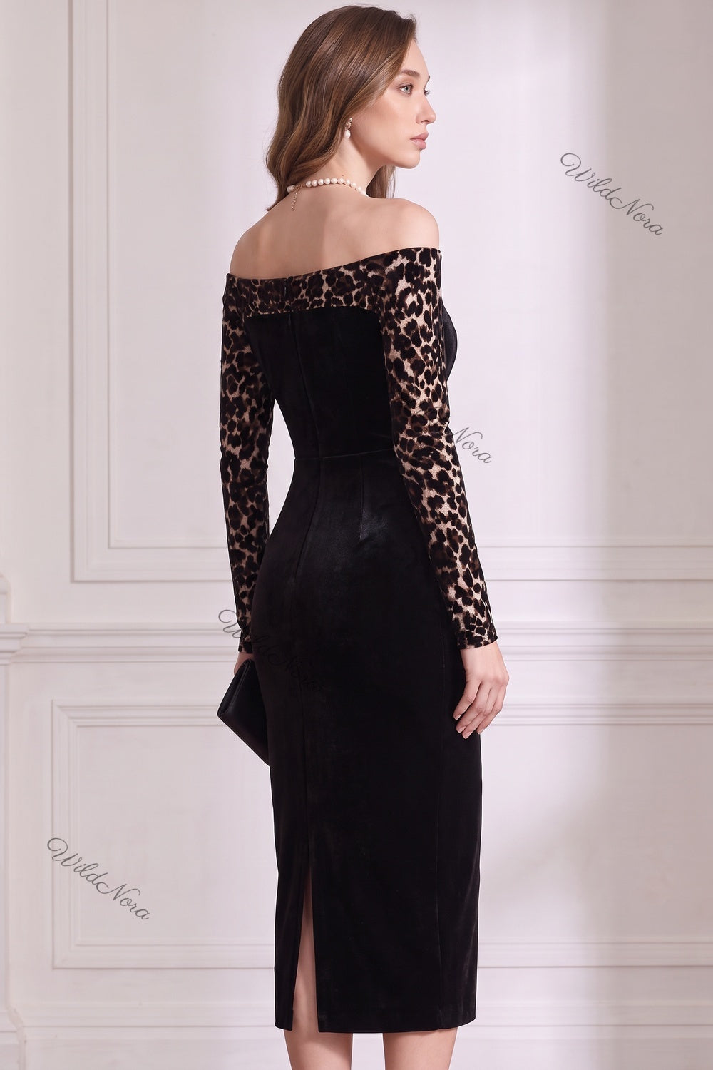 Black Velvet Off-the-Shoulder Sheath Dress with Leopard Print Sleeves black velvet dress - product view 5