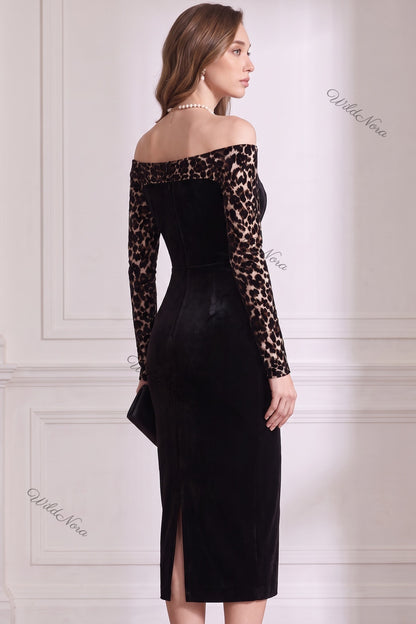 Black Velvet Off-the-Shoulder Sheath Dress with Leopard Print Sleeves black velvet dress - product view 5
