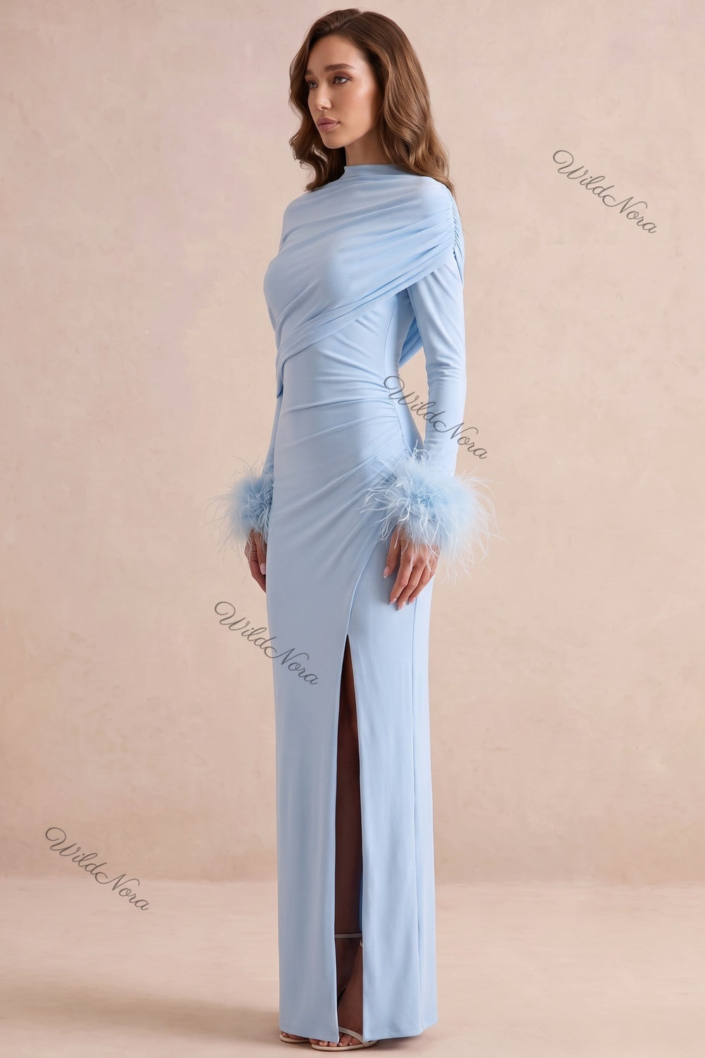 Light Blue Stretch Jersey Column Gown with Feather Cuffs light blue stretch jersey gown - product view 5