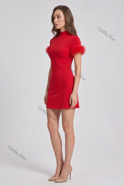 Red Stretch Knit Jersey Bodycon Mini Dress with Feather Trim red stretch knit jersey dress - product view 5