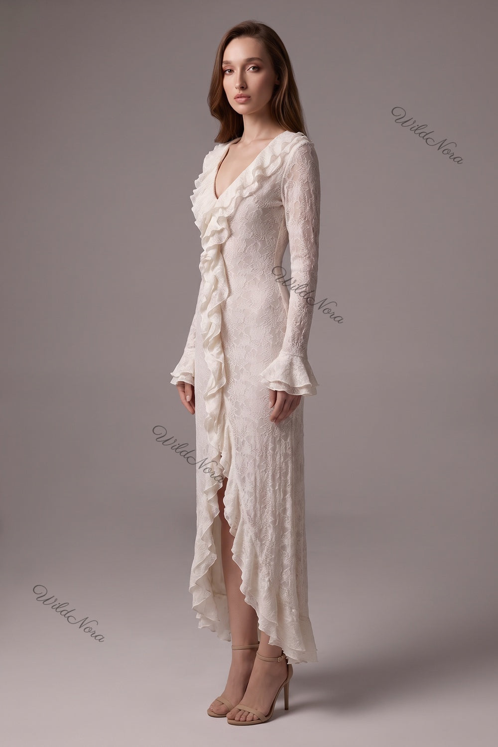 Off-White Semi-Sheer Textured Lace Slim-Fit Column Maxi Dress with Front Slit off-white semi-sheer textured lace maxi dress - product view 5