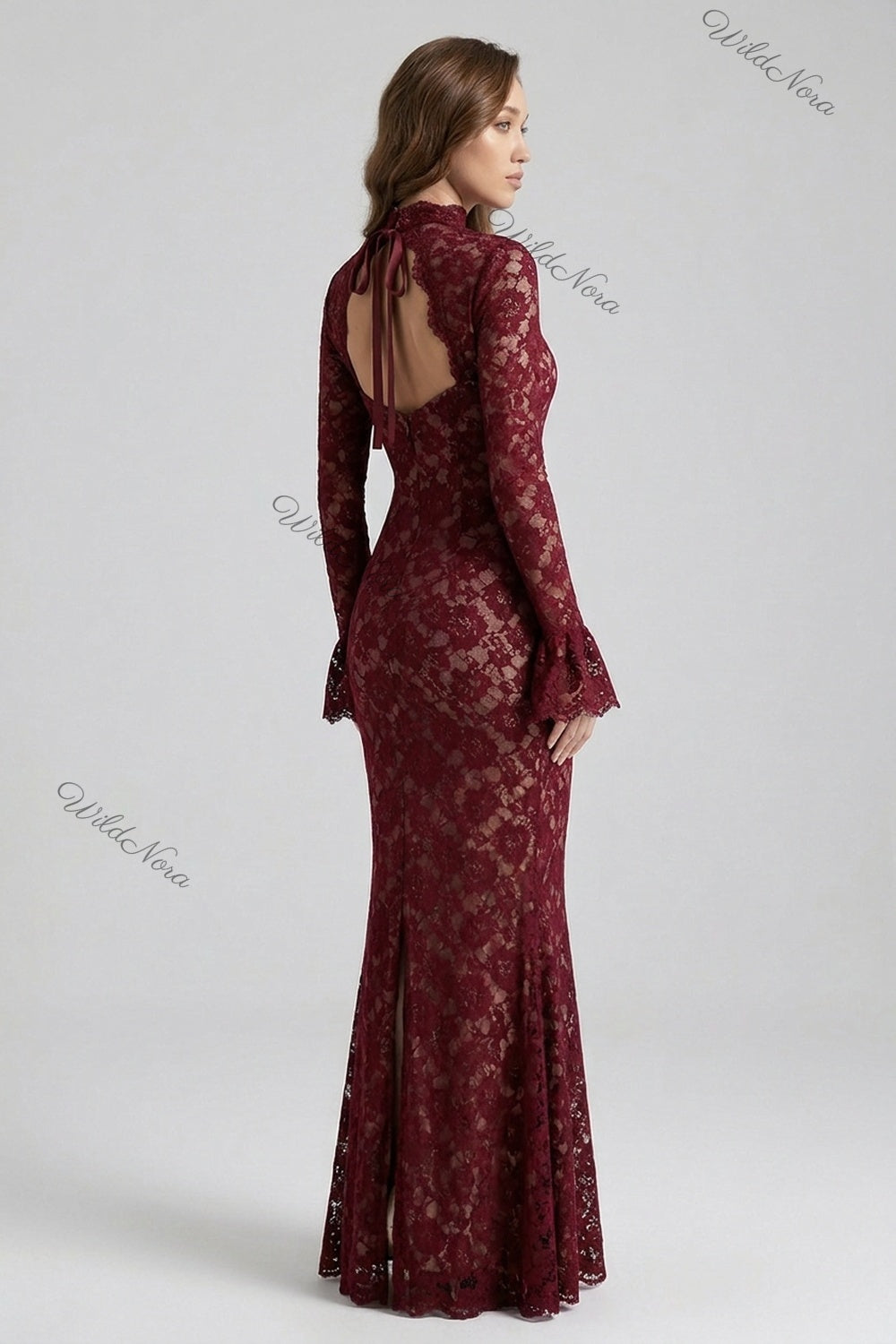 Burgundy Floral Lace Mermaid Gown burgundy floral lace gown - product view 5