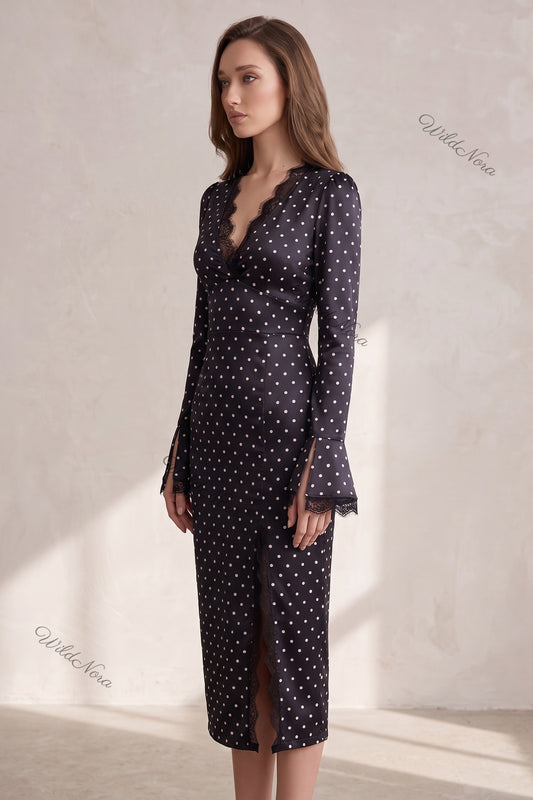 Black Satin Polka Dot Fitted Sheath Dress with Lace Trim black satin dress - product view 5