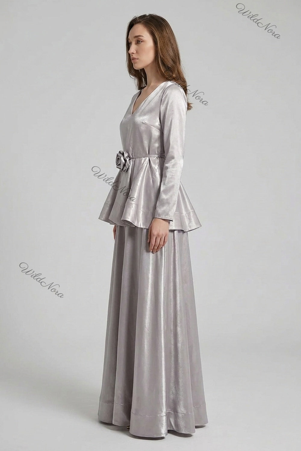 Silver Satin Peplum Top with Flared Maxi Skirt Two-Piece Set silver satin two-piece set - product view 5