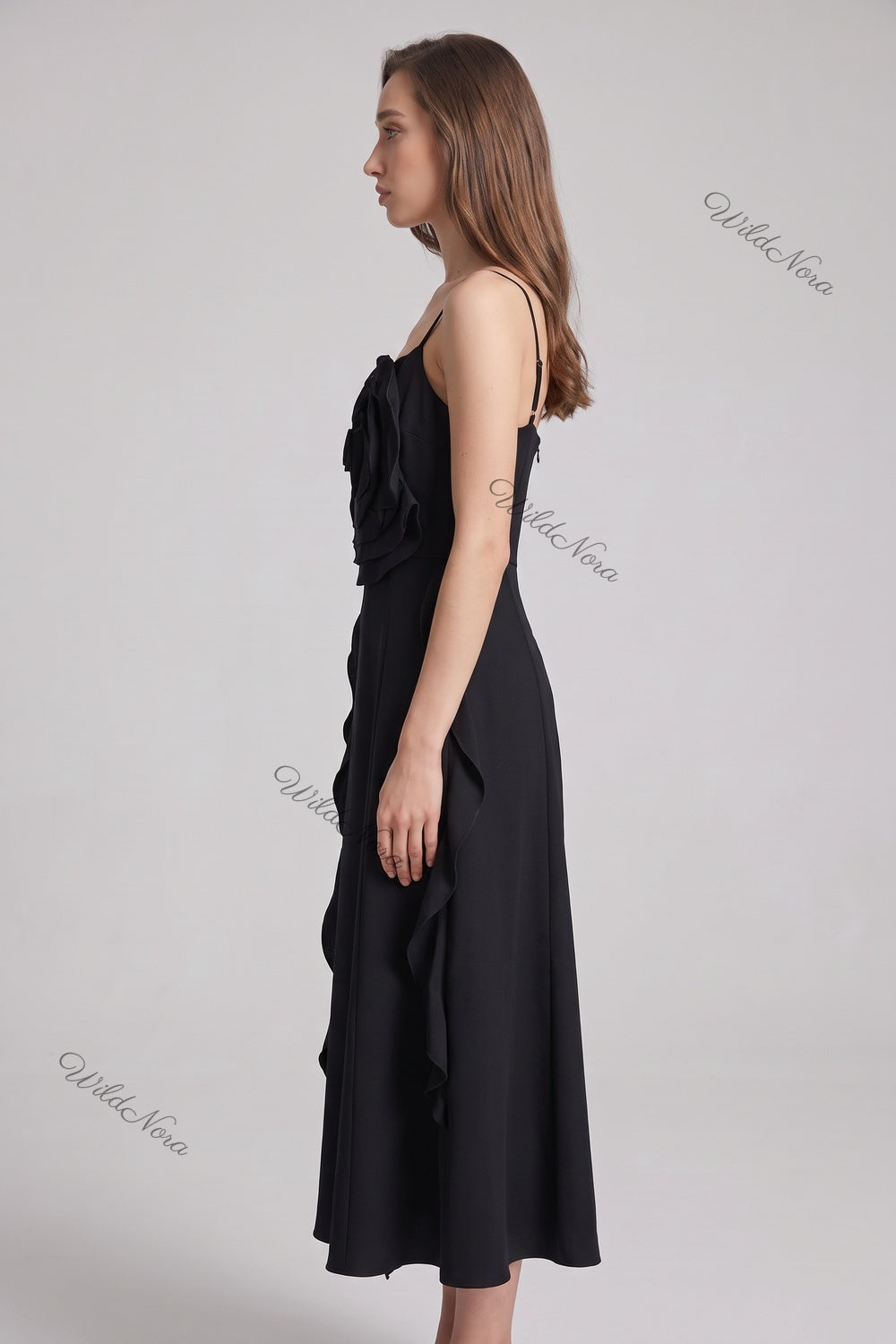 Black Crepe A-Line Midi Dress with Rose Detail black crepe dress - product view 5