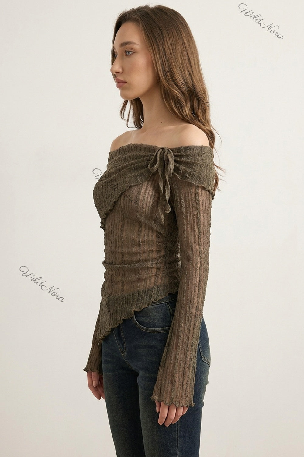 Olive Brown Sheer Knit Off-Shoulder Top with Flared Bell Sleeves olive brown sheer textured knit top - product view 5