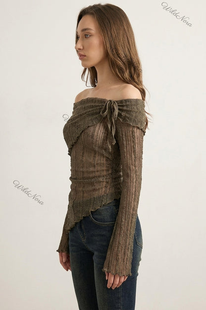 Olive Brown Sheer Knit Off-Shoulder Top with Flared Bell Sleeves olive brown sheer textured knit top - product view 5