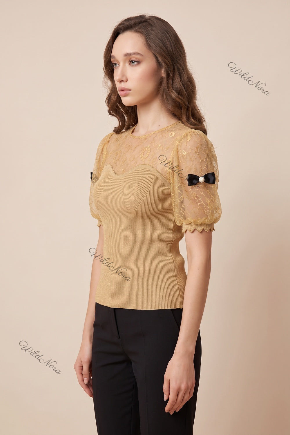 Gold Ribbed Knit Fitted Bodice with Puff Sleeves Top gold, beige ribbed knit top - product view 5