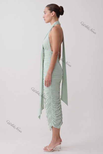 Mint Green Stretch Jersey Bodycon Midi Dress with Ruched Detail mint green stretch jersey dress - product view 5
