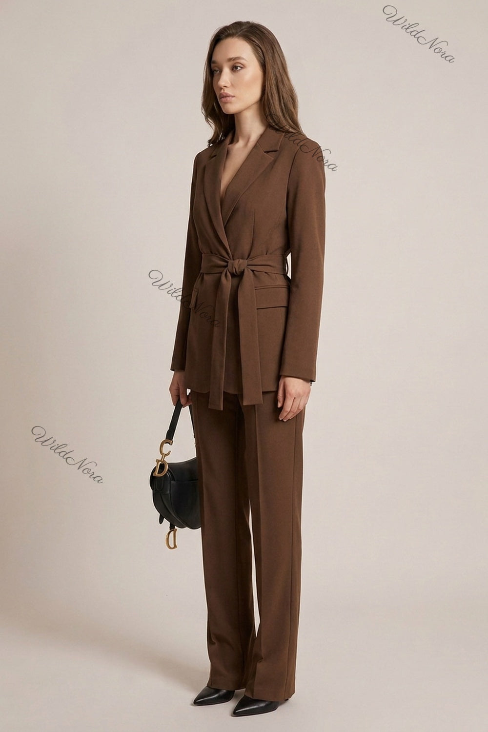 Medium Brown Mid-Weight Woven Two-Piece Pantsuit with Wrap-Front Blazer & Straight-Leg Trousers medium brown mid-weight woven suiting two-piece pantsuit - product view 5
