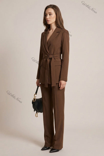 Medium Brown Mid-Weight Woven Two-Piece Pantsuit with Wrap-Front Blazer & Straight-Leg Trousers medium brown mid-weight woven suiting two-piece pantsuit - product view 5