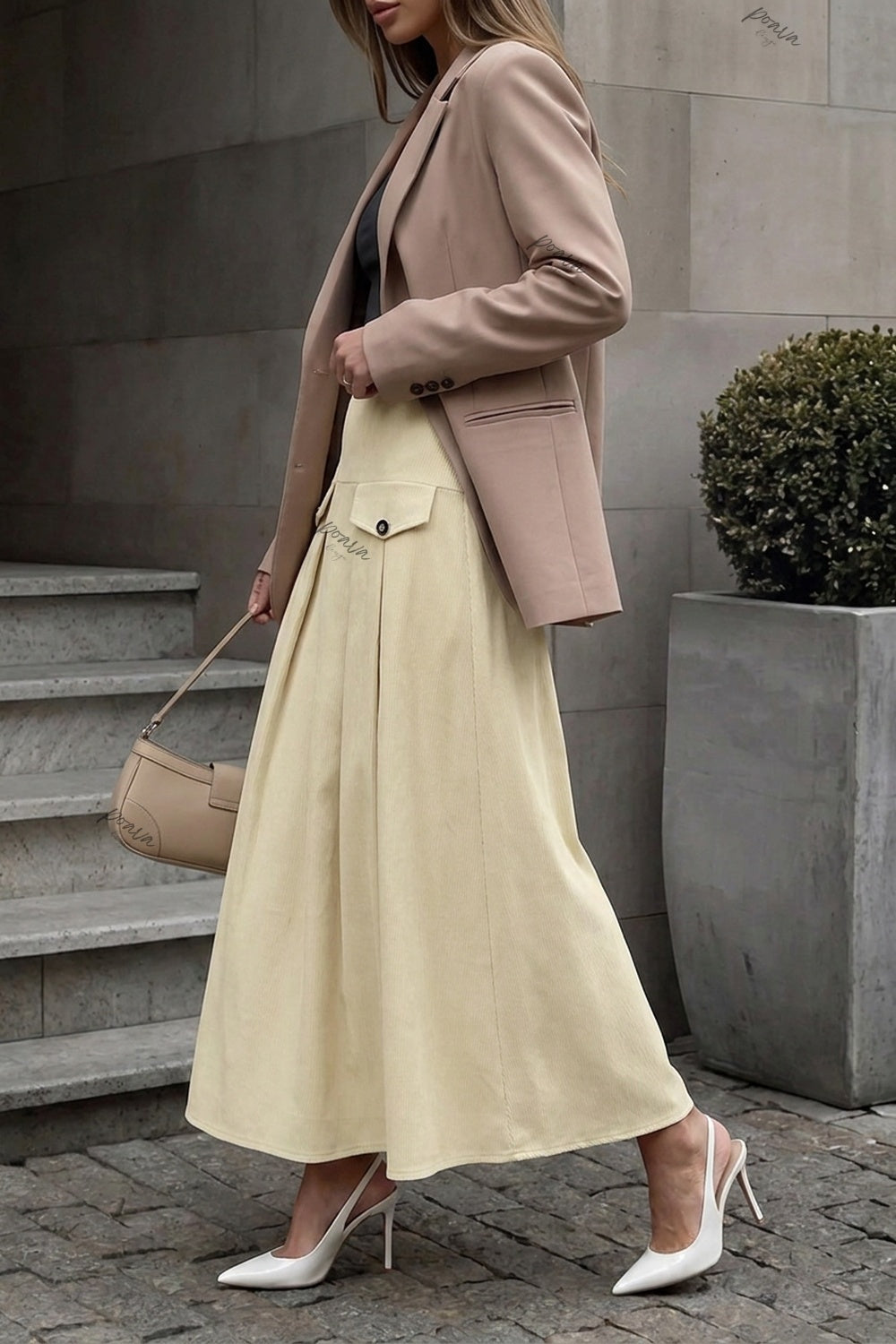 Pale Yellow A-Line Maxi Skirt with Contrasted Buttons pale yellow, cream medium-weight woven suiting or cotton-blend skirt - product view 5