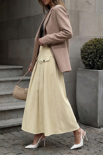 Pale Yellow A-Line Maxi Skirt with Contrasted Buttons pale yellow, cream medium-weight woven suiting or cotton-blend skirt - product view 5