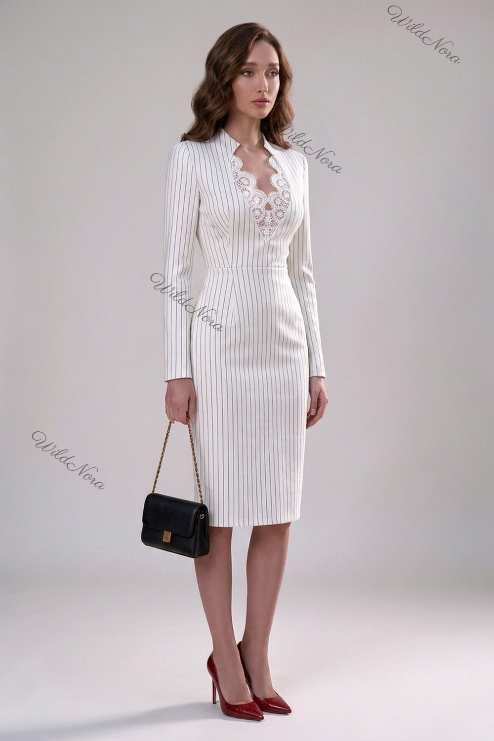 White Pinstripe Sheath Dress with Lace Cutout white structured woven suiting dress - product view 3