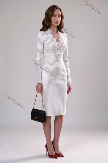White Pinstripe Sheath Dress with Lace Cutout white structured woven suiting dress - product view 3
