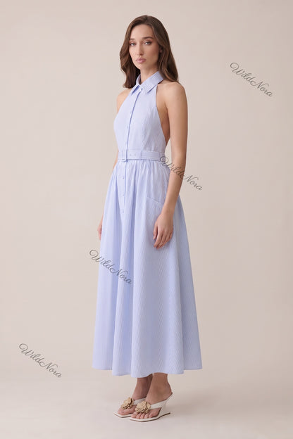 Light Blue Pinstripe Halter Midi Dress light blue cotton-blend poplin dress - product view 5