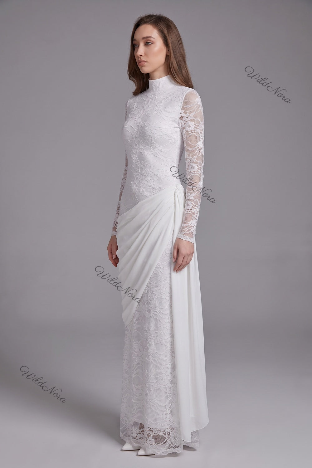 White Floral Lace Column Dress with Asymmetrical Draped Overlay white floral lace dress - product view 5