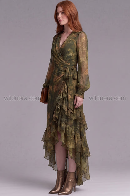 Olive Green Sheer Chiffon Wrap Dress with Asymmetrical Ruffled Hem olive green, forest green sheer chiffon dress - product view 3