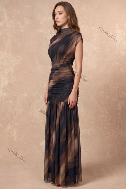 Black Brown Marble Print Mermaid Maxi Dress Black, Dark Brown Sheer mesh Maxi dress - product view 5