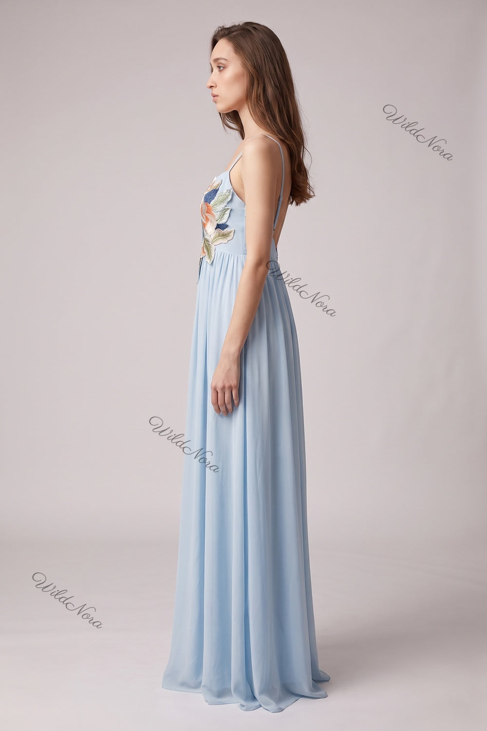 Light Blue Chiffon A-Line Maxi Dress with Floral Applique light blue chiffon dress - product view 5