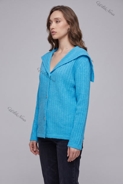Cyan Blue Ribbed Knit Cardigan with Sailor Collar cyan blue ribbed knit cardigan - product view 5