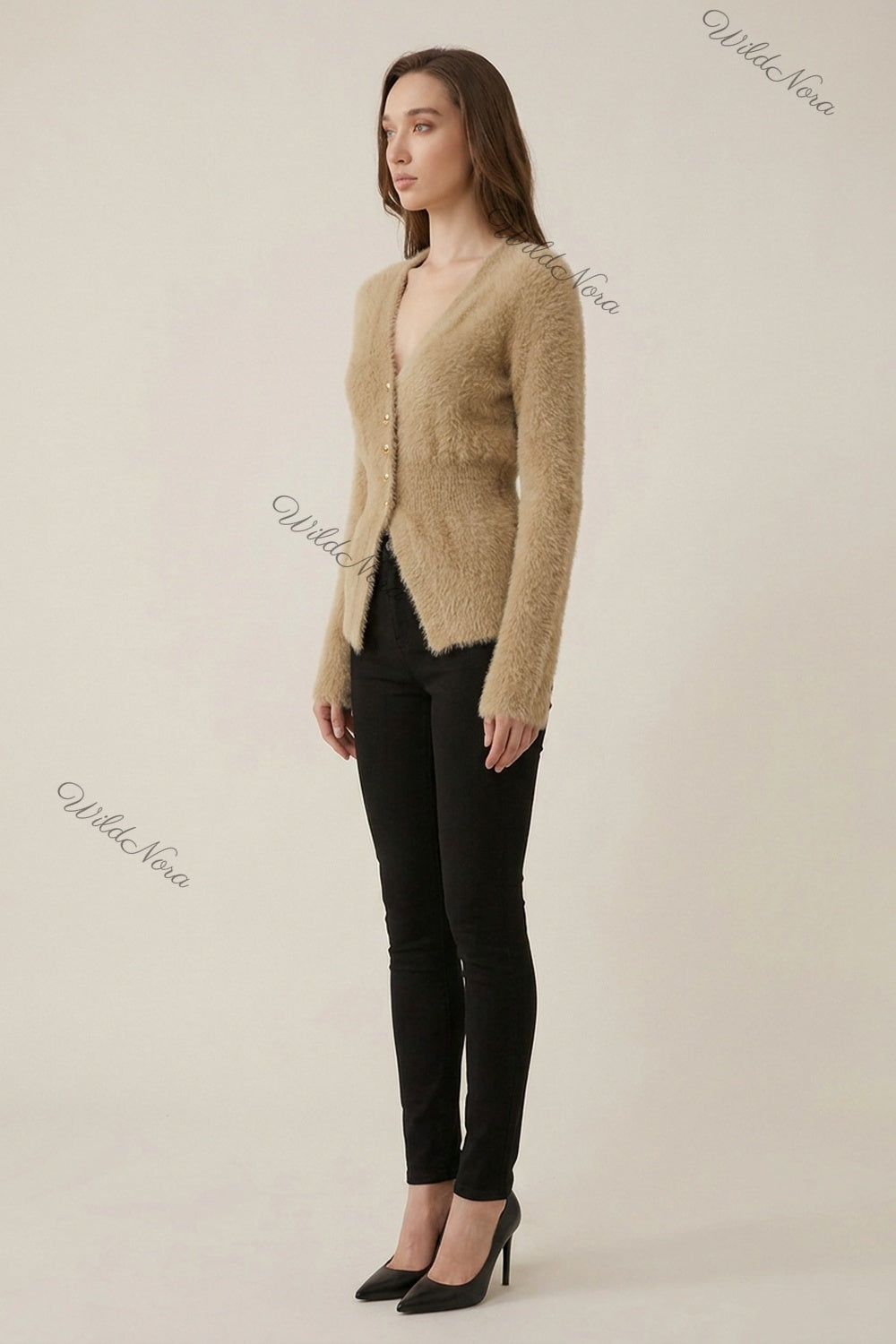 Beige Eyelash Knit / Mohair Blend Fitted Cardigan beige, camel eyelash knit / mohair blend cardigan - product view 5