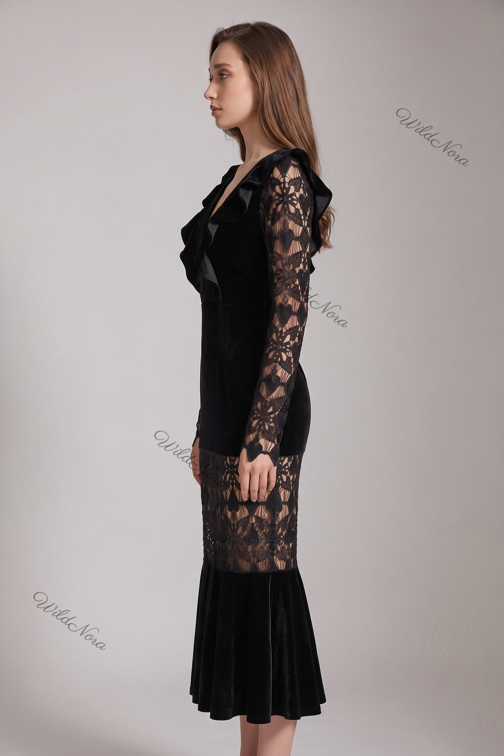 Black Velvet Mermaid Dress with Sheer Lace Sleeves black black velvet dress - product view 5