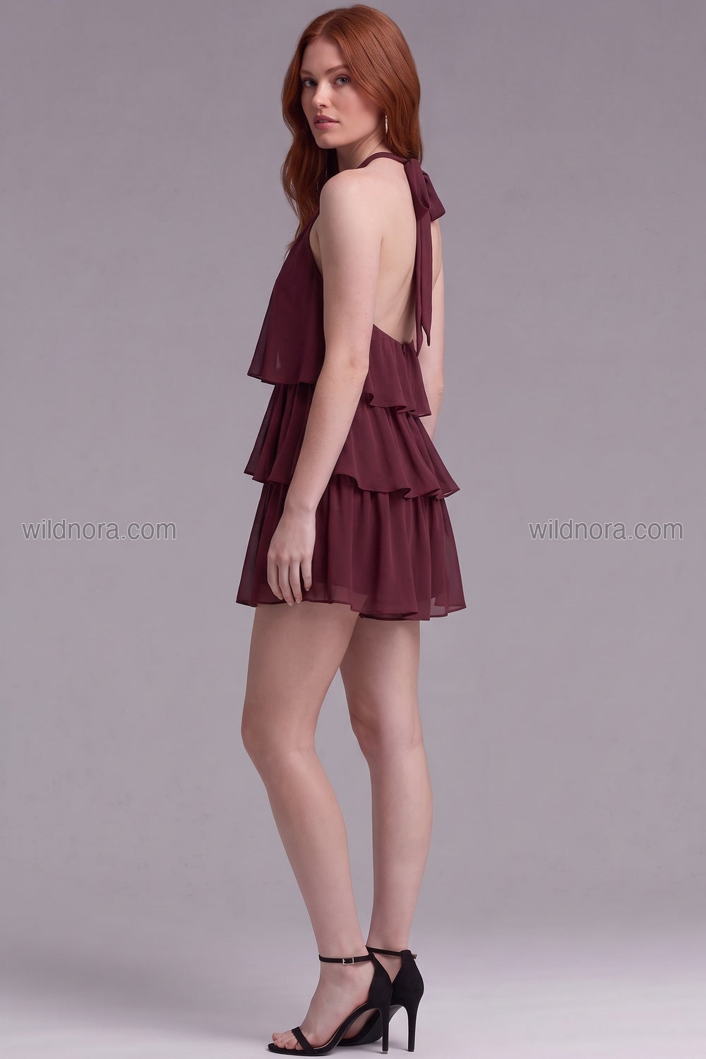 Burgundy Chiffon Tiered Ruffle Halter Romper burgundy chiffon tiered romper - product view 3
